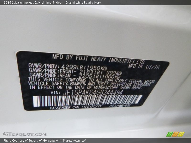 Crystal White Pearl / Ivory 2016 Subaru Impreza 2.0i Limited 5-door