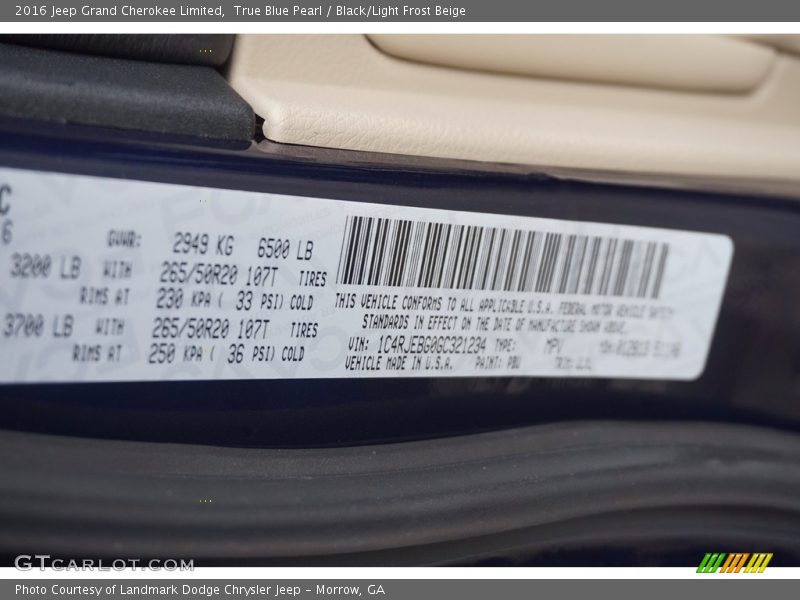 True Blue Pearl / Black/Light Frost Beige 2016 Jeep Grand Cherokee Limited