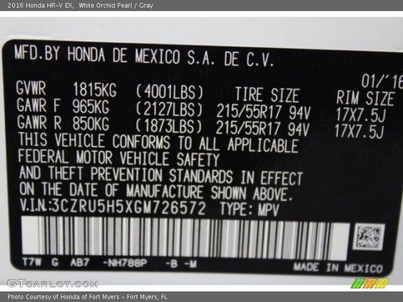 White Orchid Pearl / Gray 2016 Honda HR-V EX