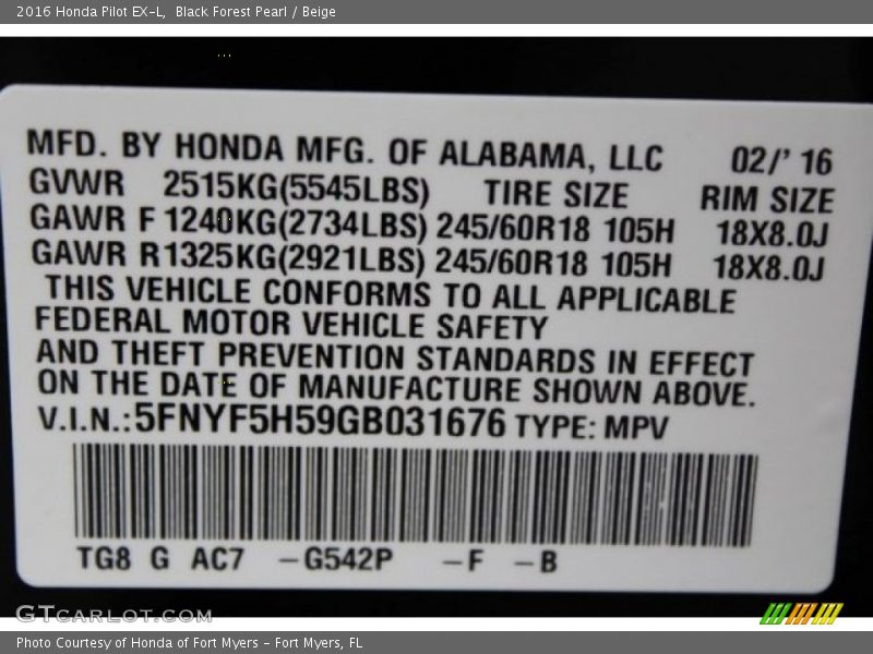 Black Forest Pearl / Beige 2016 Honda Pilot EX-L