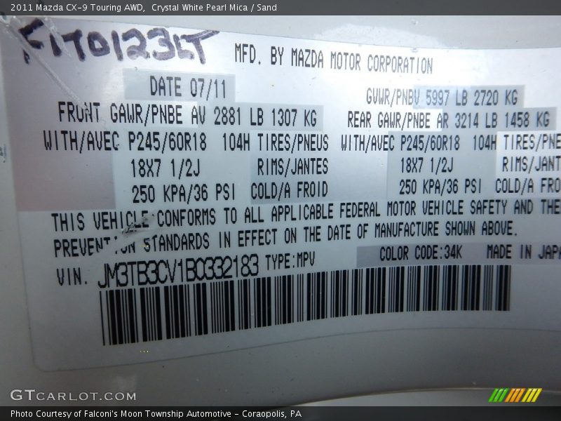 Crystal White Pearl Mica / Sand 2011 Mazda CX-9 Touring AWD