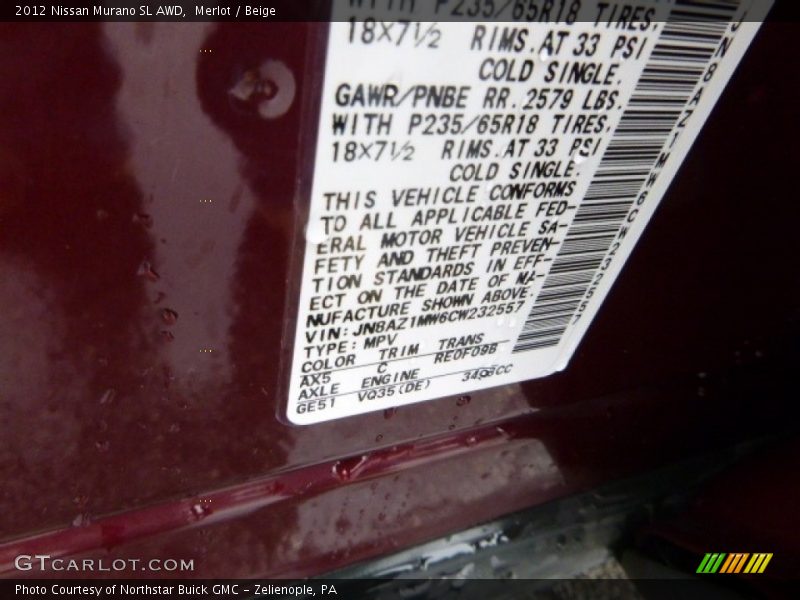 Merlot / Beige 2012 Nissan Murano SL AWD