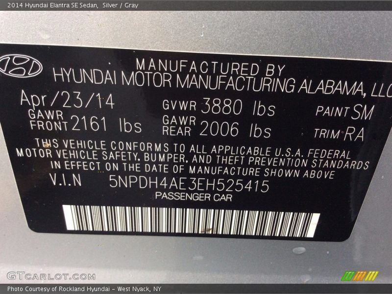 Silver / Gray 2014 Hyundai Elantra SE Sedan