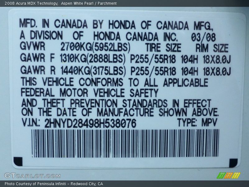 Aspen White Pearl / Parchment 2008 Acura MDX Technology