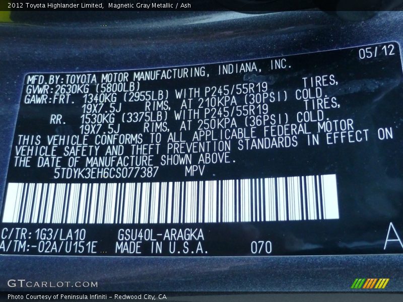 Magnetic Gray Metallic / Ash 2012 Toyota Highlander Limited