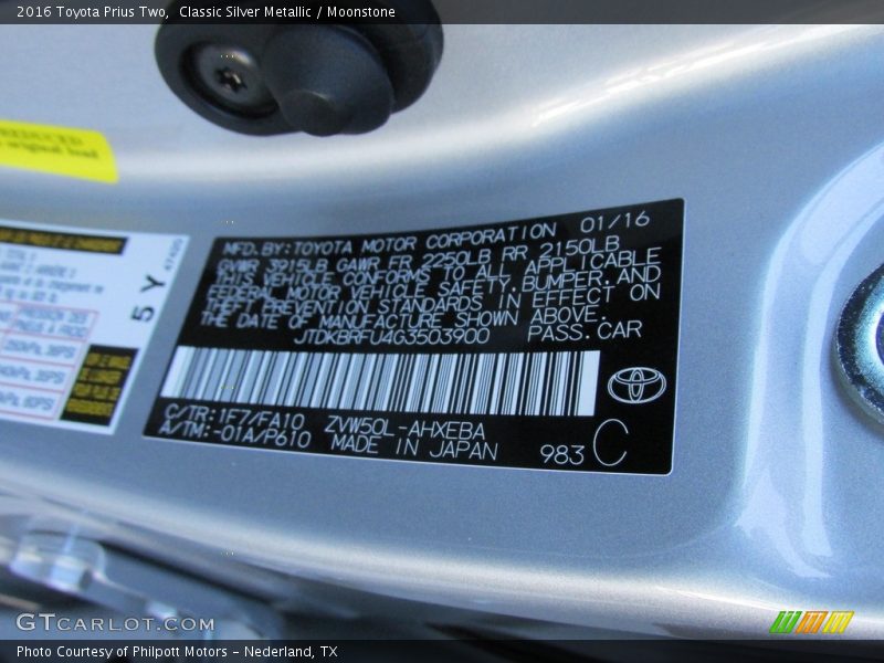 2016 Prius Two Classic Silver Metallic Color Code 1F7