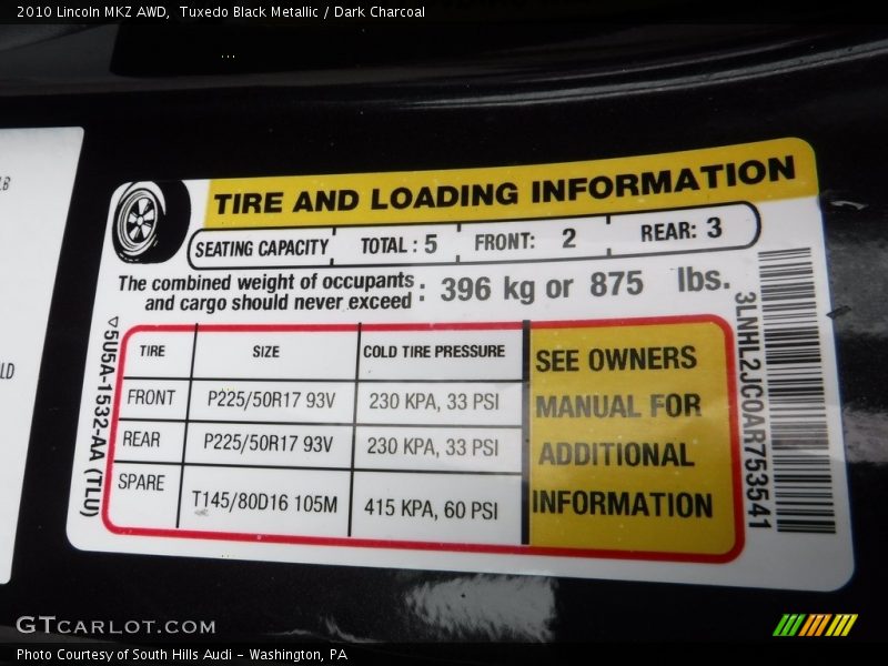 Tuxedo Black Metallic / Dark Charcoal 2010 Lincoln MKZ AWD