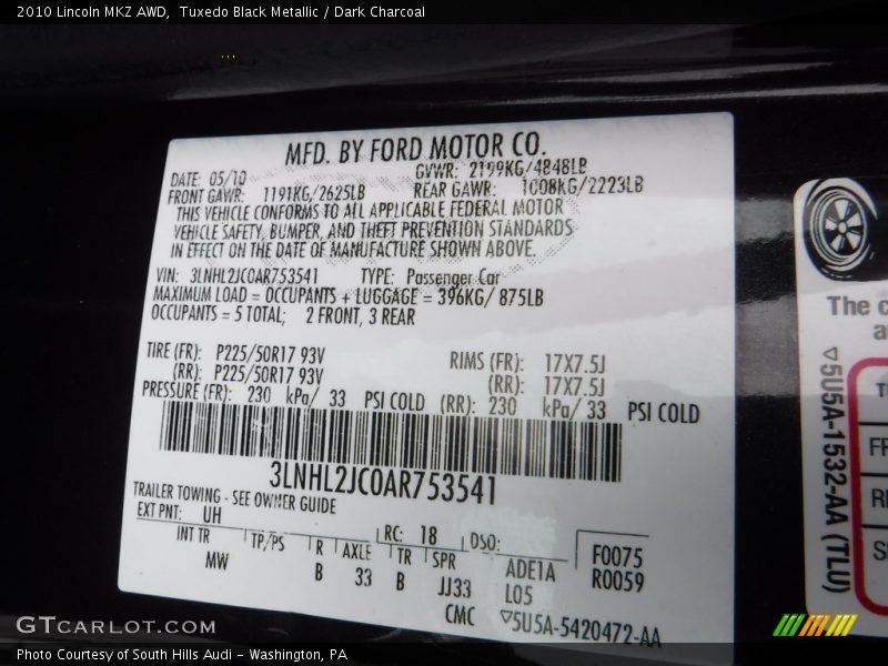 Tuxedo Black Metallic / Dark Charcoal 2010 Lincoln MKZ AWD