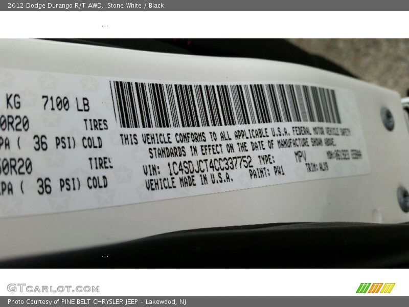 Stone White / Black 2012 Dodge Durango R/T AWD