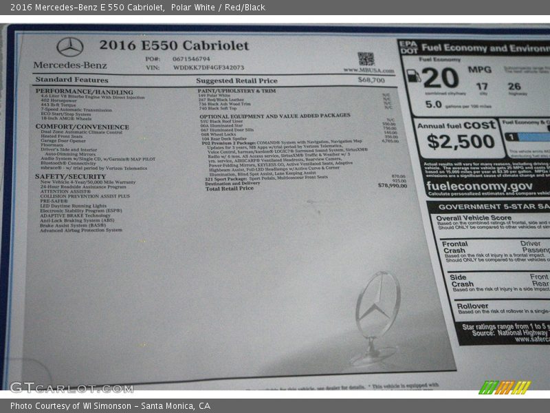  2016 E 550 Cabriolet Window Sticker