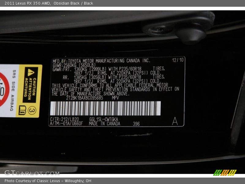 Obsidian Black / Black 2011 Lexus RX 350 AWD