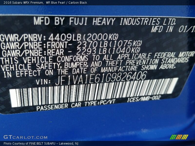 WR Blue Pearl / Carbon Black 2016 Subaru WRX Premium