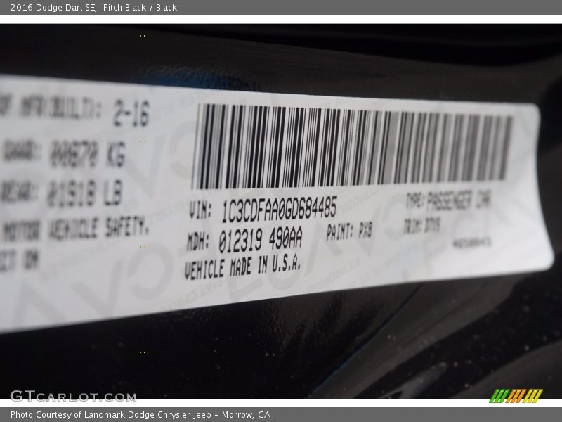 Pitch Black / Black 2016 Dodge Dart SE