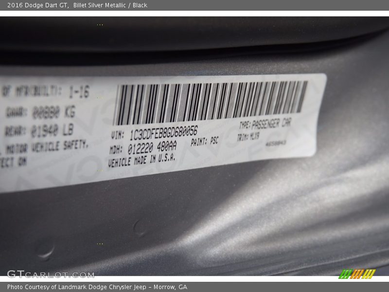 Billet Silver Metallic / Black 2016 Dodge Dart GT