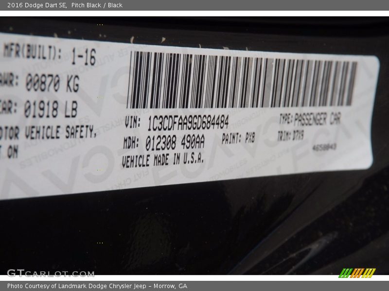 Pitch Black / Black 2016 Dodge Dart SE