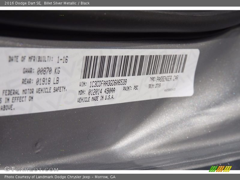 Billet Silver Metallic / Black 2016 Dodge Dart SE