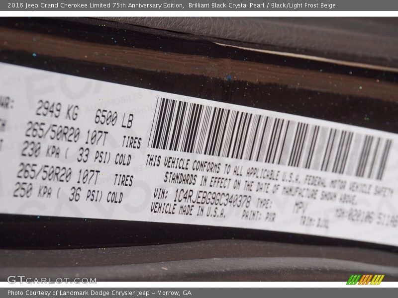 Brilliant Black Crystal Pearl / Black/Light Frost Beige 2016 Jeep Grand Cherokee Limited 75th Anniversary Edition