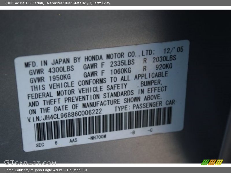 Alabaster Silver Metallic / Quartz Gray 2006 Acura TSX Sedan
