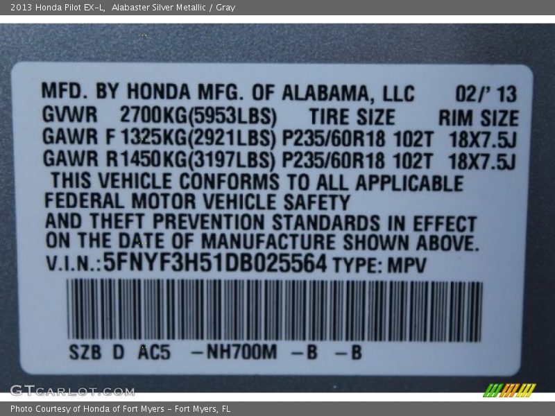 Alabaster Silver Metallic / Gray 2013 Honda Pilot EX-L