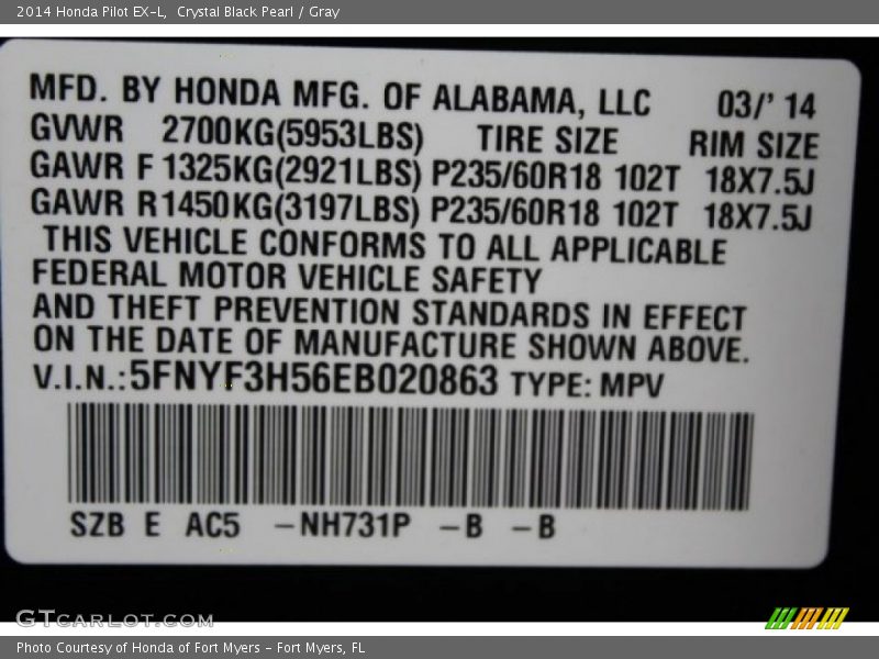 Crystal Black Pearl / Gray 2014 Honda Pilot EX-L