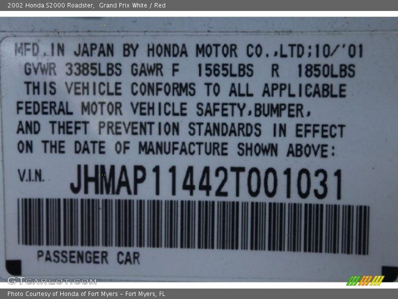 Grand Prix White / Red 2002 Honda S2000 Roadster