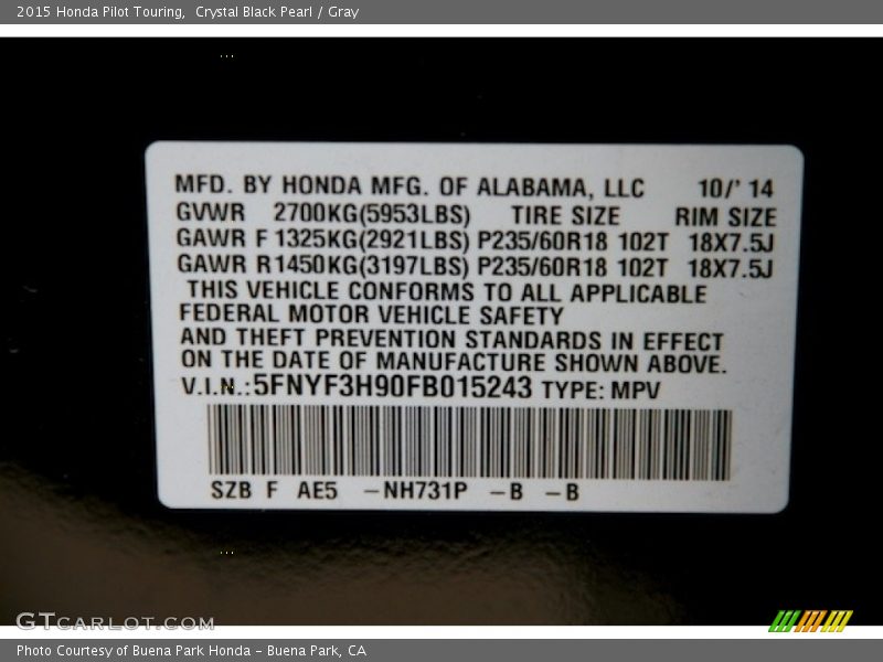 Crystal Black Pearl / Gray 2015 Honda Pilot Touring