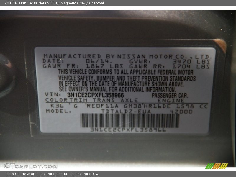 Magnetic Gray / Charcoal 2015 Nissan Versa Note S Plus