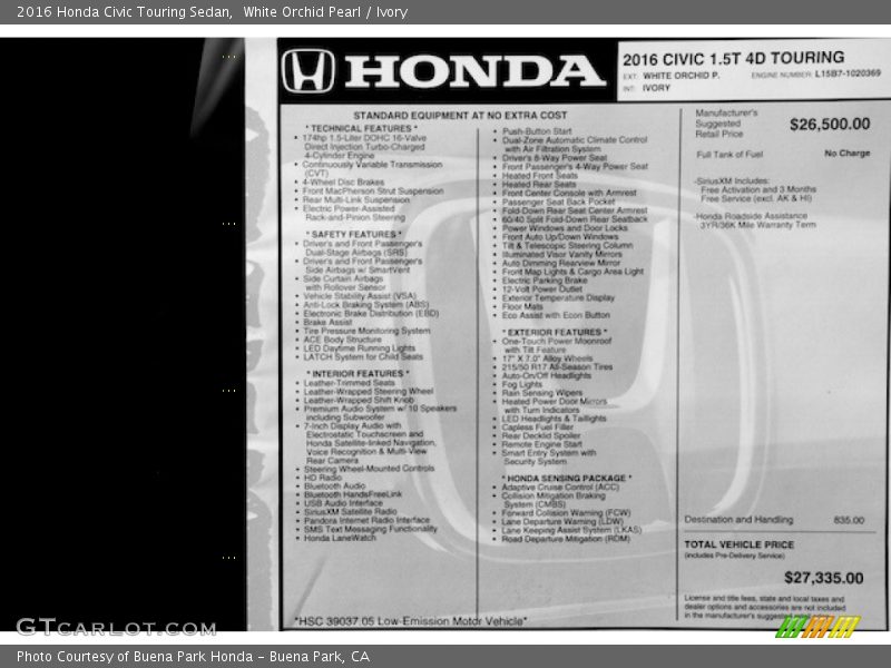 White Orchid Pearl / Ivory 2016 Honda Civic Touring Sedan