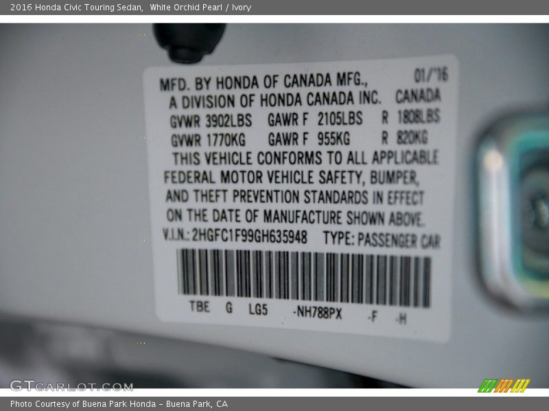 White Orchid Pearl / Ivory 2016 Honda Civic Touring Sedan