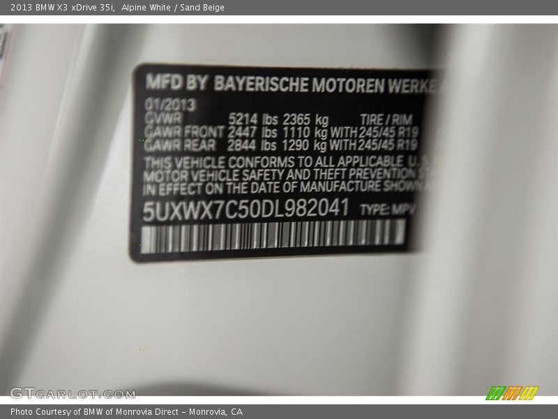 Alpine White / Sand Beige 2013 BMW X3 xDrive 35i