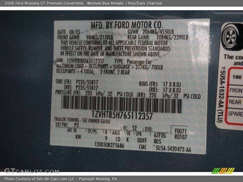 Windveil Blue Metallic / Red/Dark Charcoal 2006 Ford Mustang GT Premium Convertible