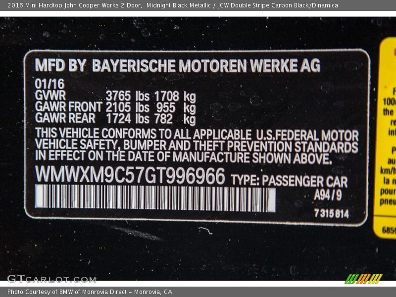Midnight Black Metallic / JCW Double Stripe Carbon Black/Dinamica 2016 Mini Hardtop John Cooper Works 2 Door
