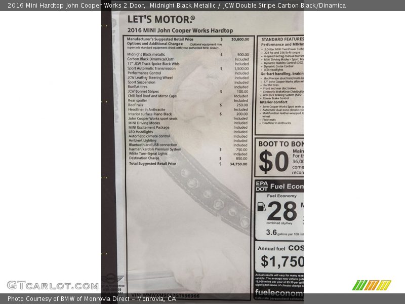  2016 Hardtop John Cooper Works 2 Door Window Sticker