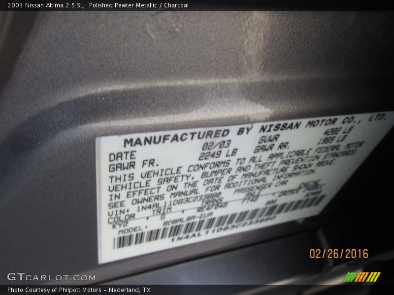 Polished Pewter Metallic / Charcoal 2003 Nissan Altima 2.5 SL