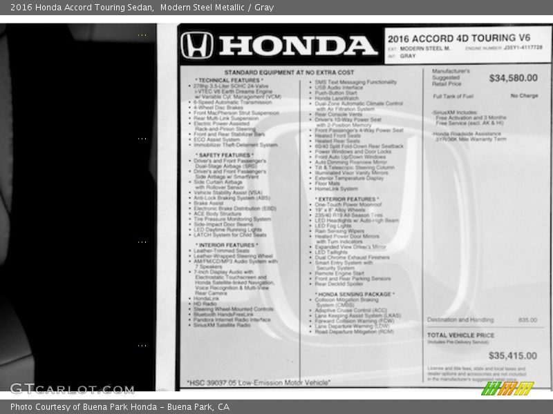 Modern Steel Metallic / Gray 2016 Honda Accord Touring Sedan