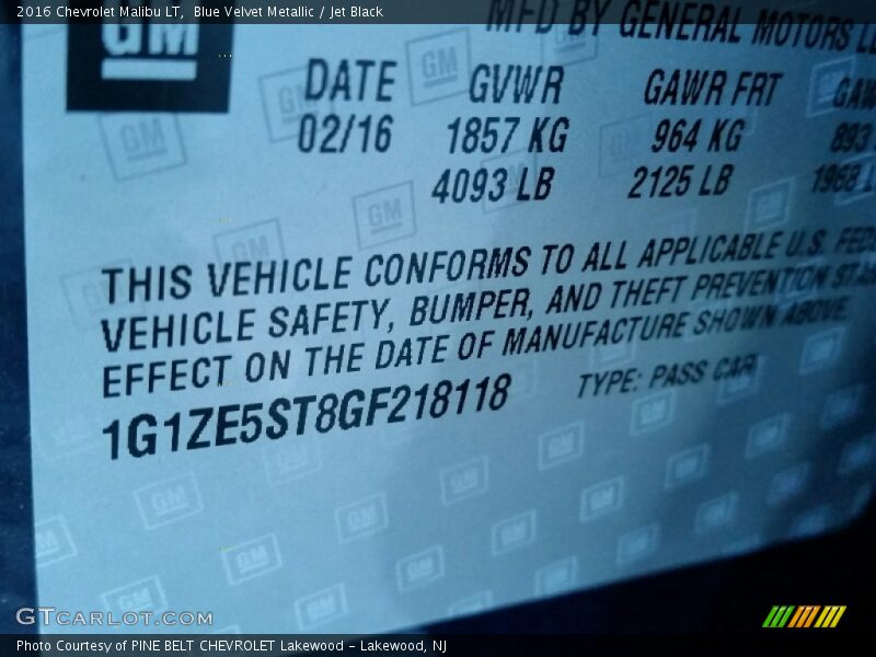 Blue Velvet Metallic / Jet Black 2016 Chevrolet Malibu LT