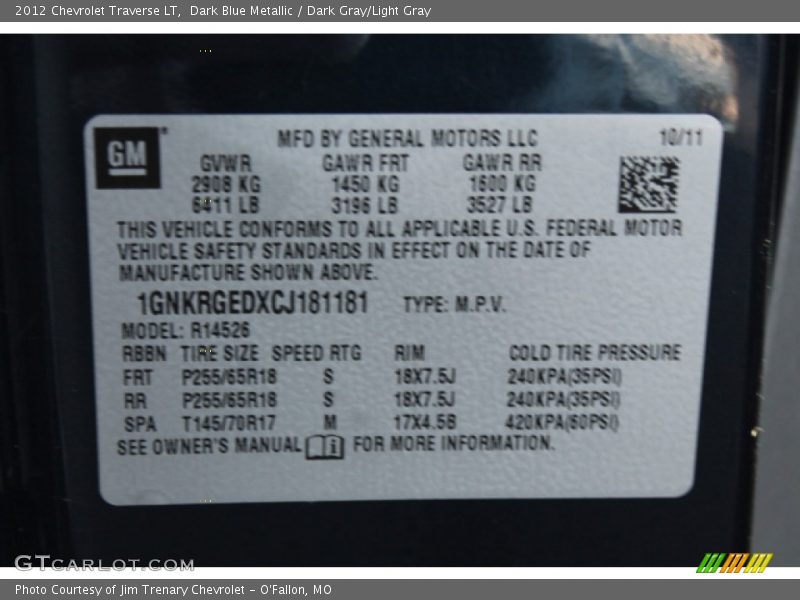 Dark Blue Metallic / Dark Gray/Light Gray 2012 Chevrolet Traverse LT