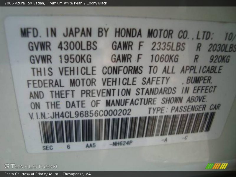 2006 TSX Sedan Premium White Pearl Color Code NH624P
