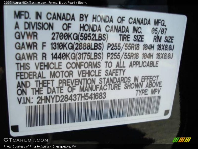 Formal Black Pearl / Ebony 2007 Acura MDX Technology