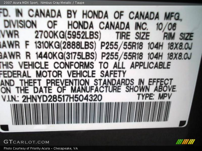 Nimbus Gray Metallic / Taupe 2007 Acura MDX Sport
