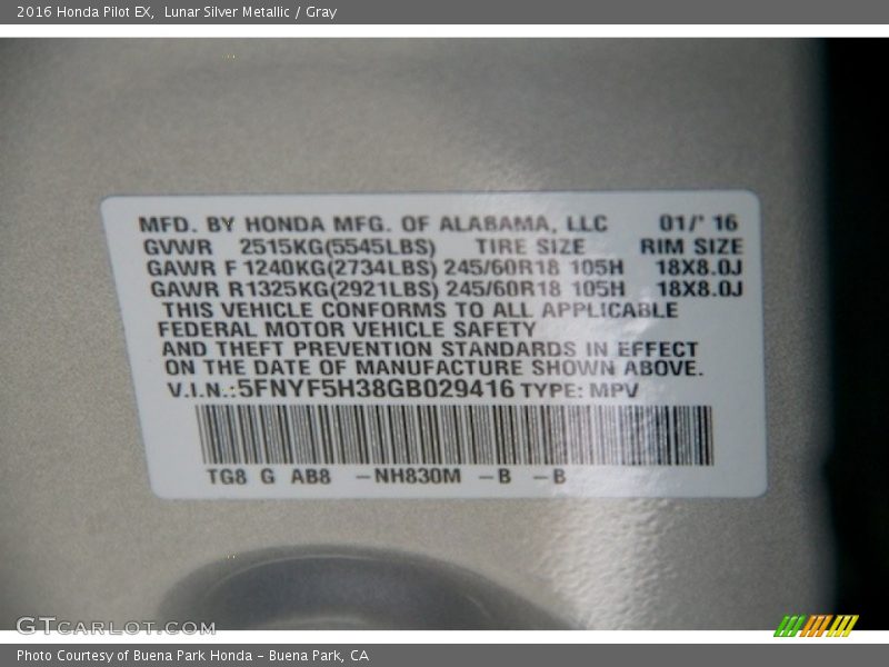 Lunar Silver Metallic / Gray 2016 Honda Pilot EX