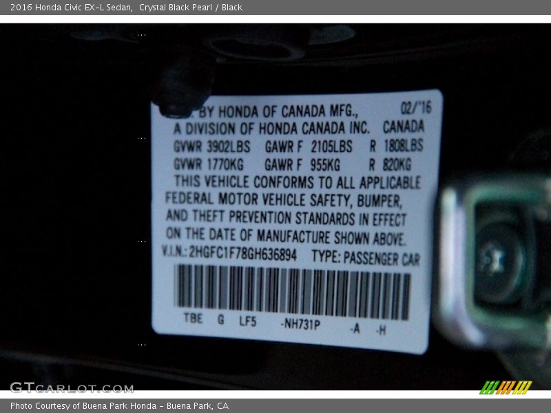 Crystal Black Pearl / Black 2016 Honda Civic EX-L Sedan