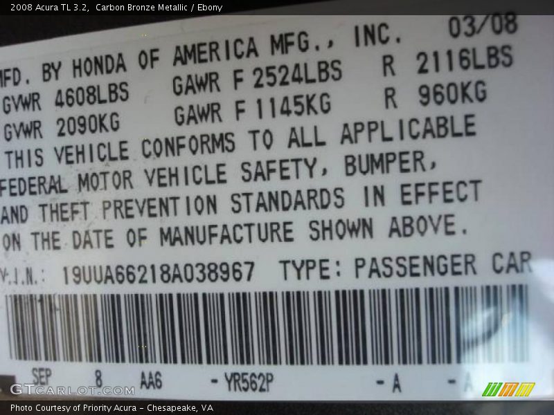 Carbon Bronze Metallic / Ebony 2008 Acura TL 3.2