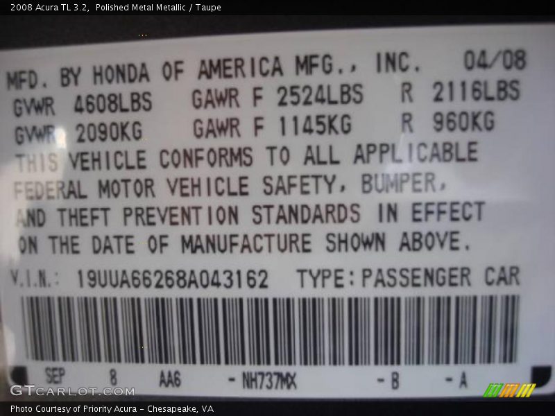 Polished Metal Metallic / Taupe 2008 Acura TL 3.2