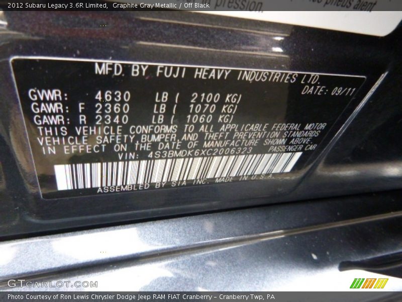 Graphite Gray Metallic / Off Black 2012 Subaru Legacy 3.6R Limited