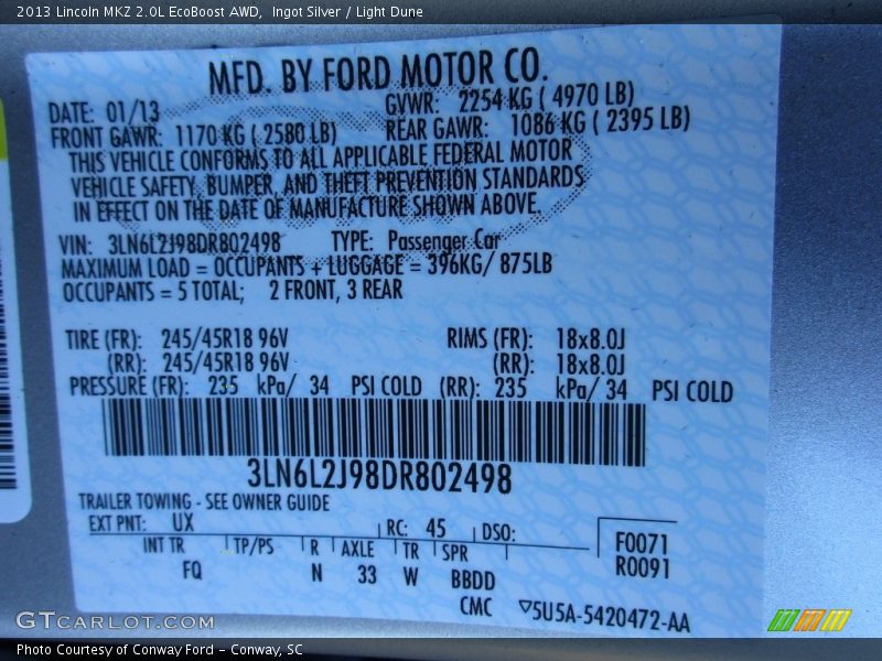 2013 MKZ 2.0L EcoBoost AWD Ingot Silver Color Code UX