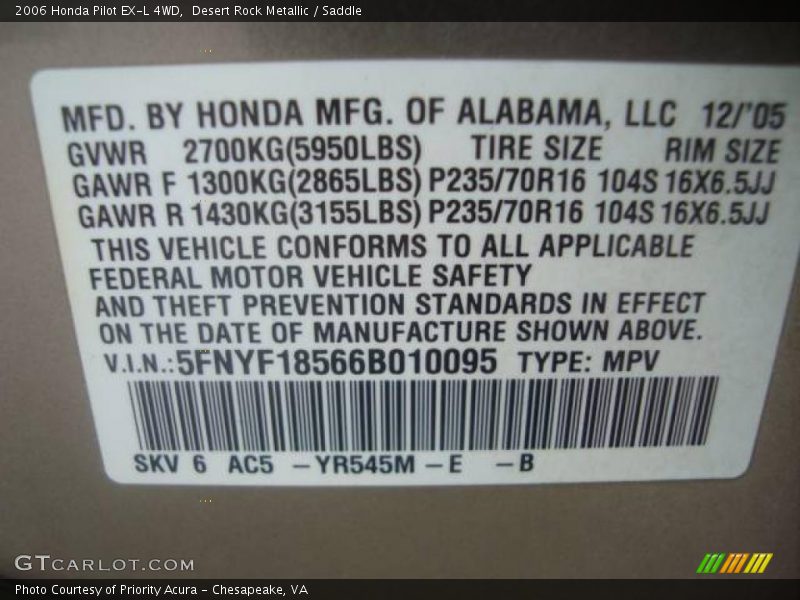 Desert Rock Metallic / Saddle 2006 Honda Pilot EX-L 4WD