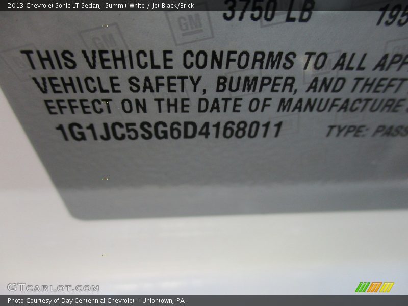 Summit White / Jet Black/Brick 2013 Chevrolet Sonic LT Sedan