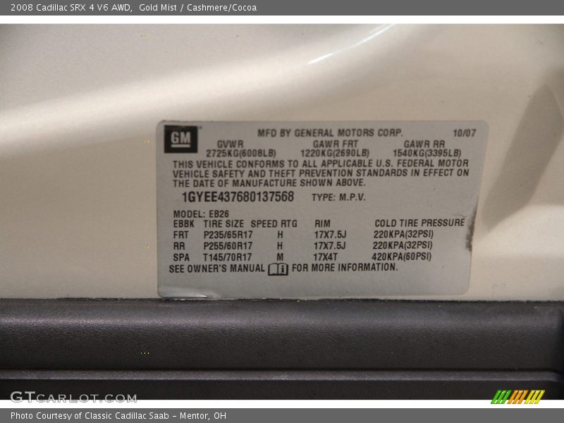Gold Mist / Cashmere/Cocoa 2008 Cadillac SRX 4 V6 AWD