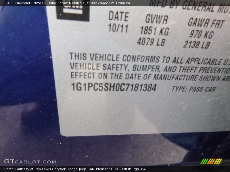 Blue Topaz Metallic / Jet Black/Medium Titanium 2012 Chevrolet Cruze LS